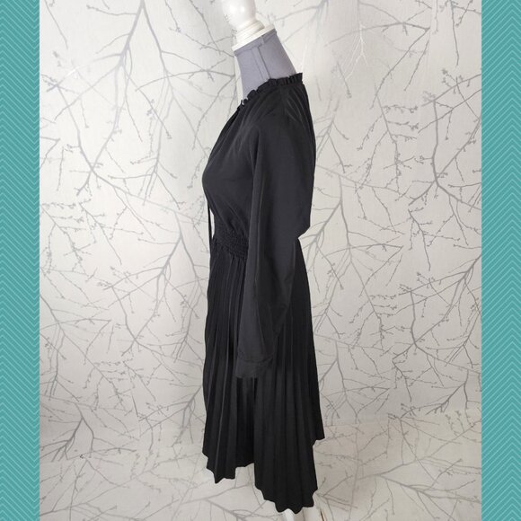 Zara Black Poplin Tie Neck Pleated Midi Long Sleeve Dress - Picture 3 of 5